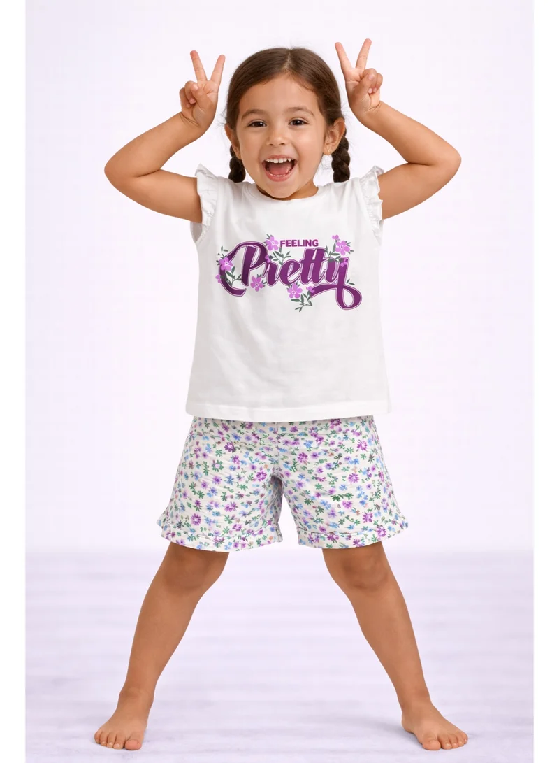Victor And Jane  Girls’ Pajama Set – “Feeling Pretty” Frill Sleeve Top & Floral Shorts for Women | Best Price UAE